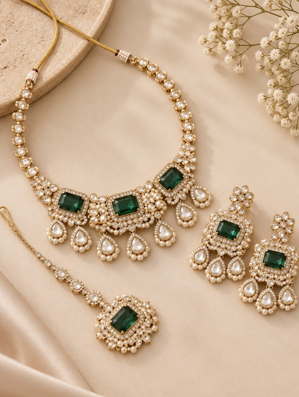 Emerald Green Zircon Polki Necklace Set with Earrings & Maang Tikka